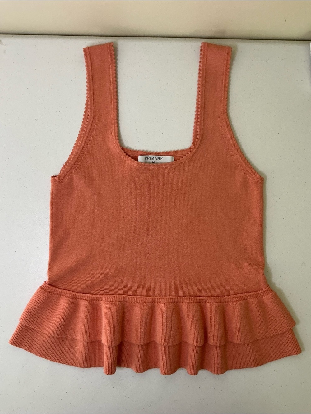 Primark Coral Pink Ruffle Peplum Hem Knit Tank Top Ribbed Square Neck - Picture 4 of 7
